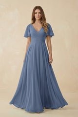 Flutter Sleeve V - Neck Chiffon A - Line Bridesmaid Dress in Neptune - KISS BRIDAL Bridesmaid Dresses
