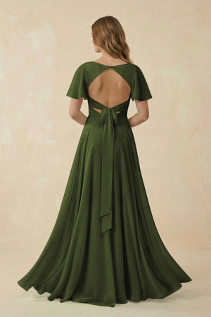 Flutter Sleeve V - Neck Chiffon A - Line Bridesmaid Dress in Olive - SHE IS ME Bridesmaid Dresses
