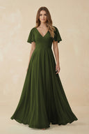 Flutter Sleeve V - Neck Chiffon A - Line Bridesmaid Dress in Olive - SHE IS ME Bridesmaid Dresses