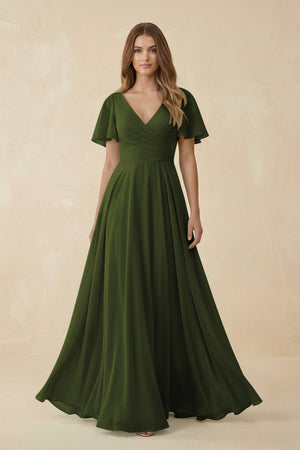 Flutter Sleeve V - Neck Chiffon A - Line Bridesmaid Dress in Olive - SHE IS ME Bridesmaid Dresses