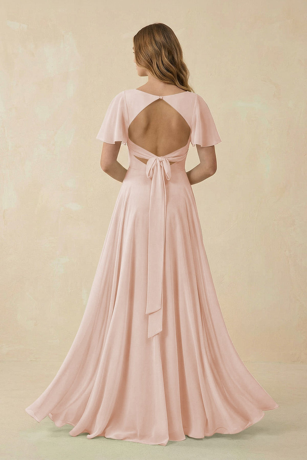 Flutter Sleeve V - Neck Chiffon A - Line Bridesmaid Dress in Pale Blush - KISS BRIDAL Bridesmaid Dresses
