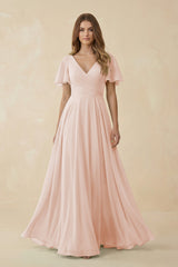 Flutter Sleeve V - Neck Chiffon A - Line Bridesmaid Dress in Pale Blush - KISS BRIDAL Bridesmaid Dresses