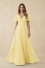 Flutter Sleeve V - Neck Chiffon A - Line Bridesmaid Dress in Pastel Yellow - KISS BRIDAL Bridesmaid Dresses