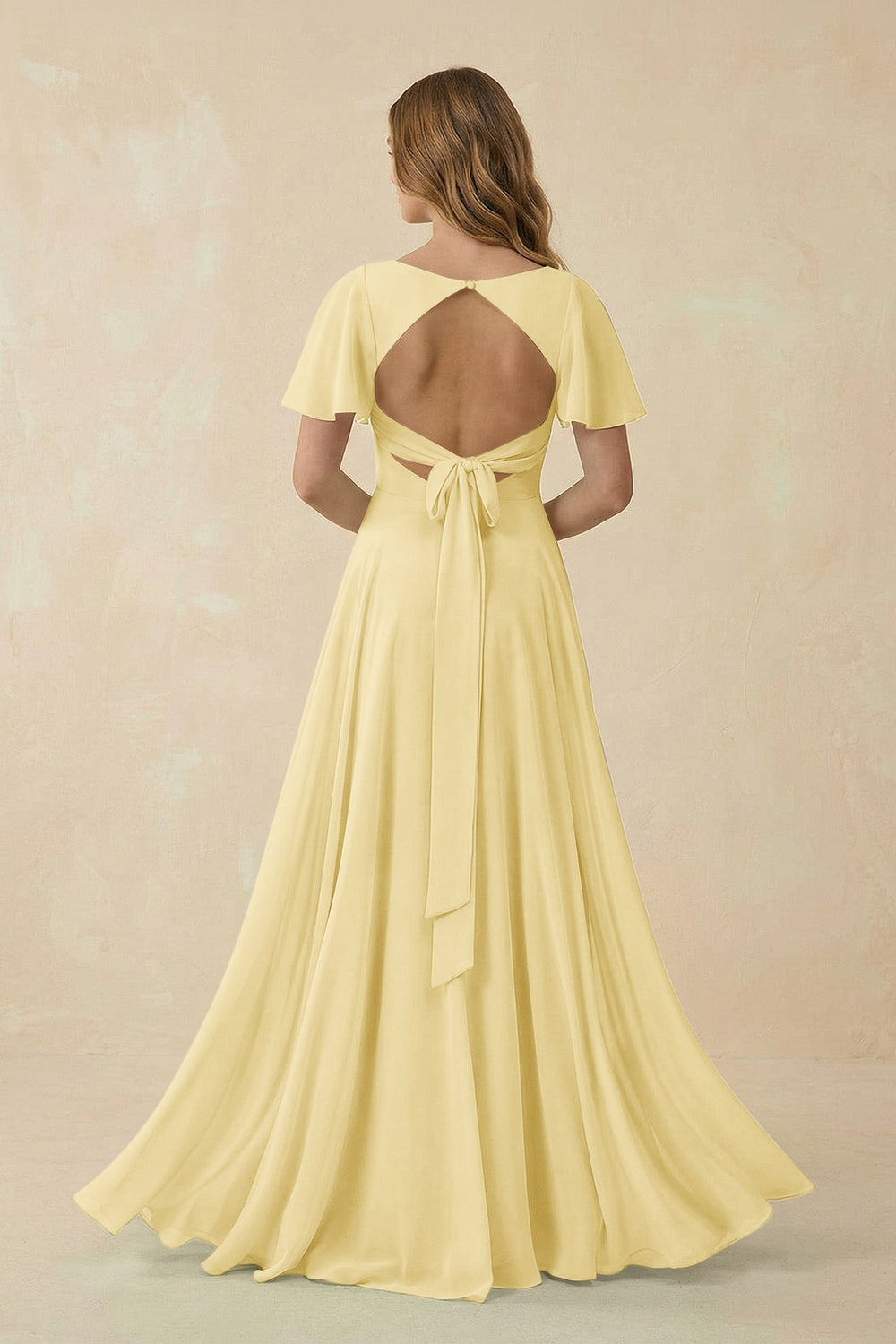 Flutter Sleeve V - Neck Chiffon A - Line Bridesmaid Dress in Pastel Yellow - KISS BRIDAL Bridesmaid Dresses