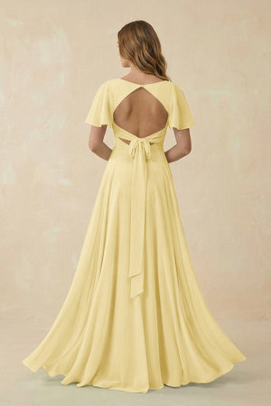 Flutter Sleeve V - Neck Chiffon A - Line Bridesmaid Dress in Pastel Yellow - KISS BRIDAL Bridesmaid Dresses