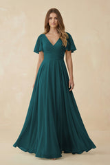 Flutter Sleeve V - Neck Chiffon A - Line Bridesmaid Dress in Pine - KISS BRIDAL Bridesmaid Dresses