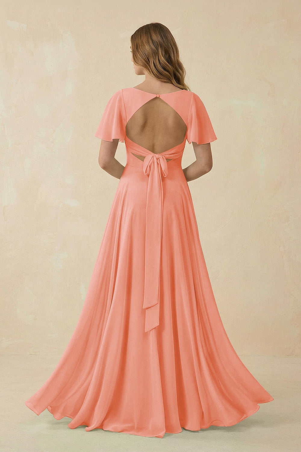 Flutter Sleeve V - Neck Chiffon A - Line Bridesmaid Dress in Rosette - KISS BRIDAL Bridesmaid Dresses