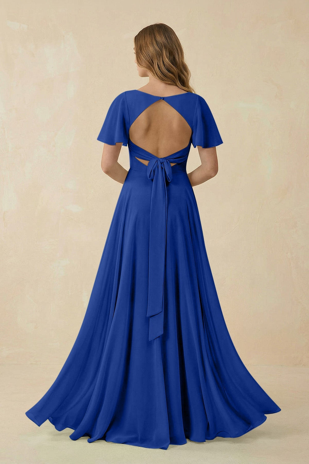 Flutter Sleeve V - Neck Chiffon A - Line Bridesmaid Dress in Royal Blue - KISS BRIDAL Bridesmaid Dresses