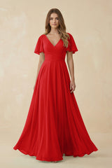 Flutter Sleeve V - Neck Chiffon A - Line Bridesmaid Dress in Ruby Red - KISS BRIDAL Bridesmaid Dresses
