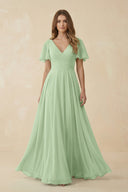 Flutter Sleeve V - Neck Chiffon A - Line Bridesmaid Dress in Sage - SHE IS ME Bridesmaid Dresses