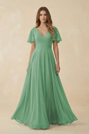 Flutter Sleeve V - Neck Chiffon A - Line Bridesmaid Dress in Sea Glass - SHE IS ME Bridesmaid Dresses
