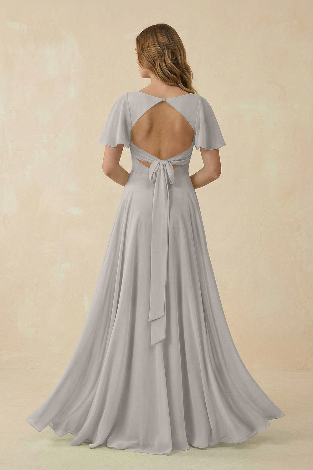 Flutter Sleeve V - Neck Chiffon A - Line Bridesmaid Dress in Silver - KISS BRIDAL Bridesmaid Dresses