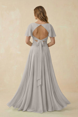 Flutter Sleeve V - Neck Chiffon A - Line Bridesmaid Dress in Silver - KISS BRIDAL Bridesmaid Dresses