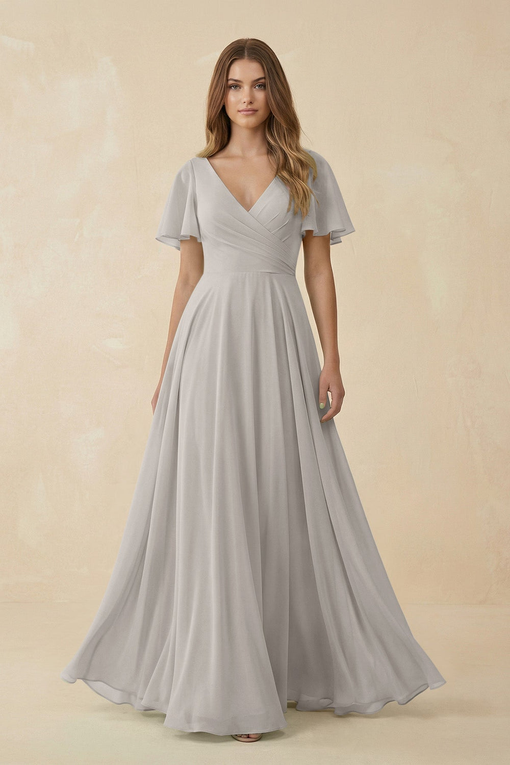 Flutter Sleeve V - Neck Chiffon A - Line Bridesmaid Dress in Silver - KISS BRIDAL Bridesmaid Dresses