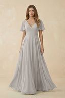 Flutter Sleeve V - Neck Chiffon A - Line Bridesmaid Dress in Silver - KISS BRIDAL Bridesmaid Dresses