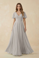 Flutter Sleeve V - Neck Chiffon A - Line Bridesmaid Dress in Silver - KISS BRIDAL Bridesmaid Dresses