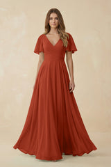 Flutter Sleeve V - Neck Chiffon A - Line Bridesmaid Dress in Spice - KISS BRIDAL Bridesmaid Dresses