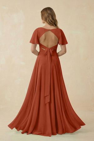 Flutter Sleeve V - Neck Chiffon A - Line Bridesmaid Dress in Spice - KISS BRIDAL Bridesmaid Dresses