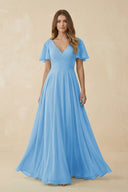 Flutter Sleeve V - Neck Chiffon A - Line Bridesmaid Dress in Steel Blue - KISS BRIDAL Bridesmaid Dresses