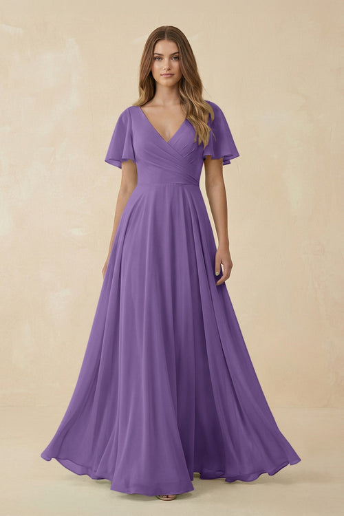 Flutter Sleeve V - Neck Chiffon A - Line Bridesmaid Dress in Tahiti - KISS BRIDAL Bridesmaid Dresses