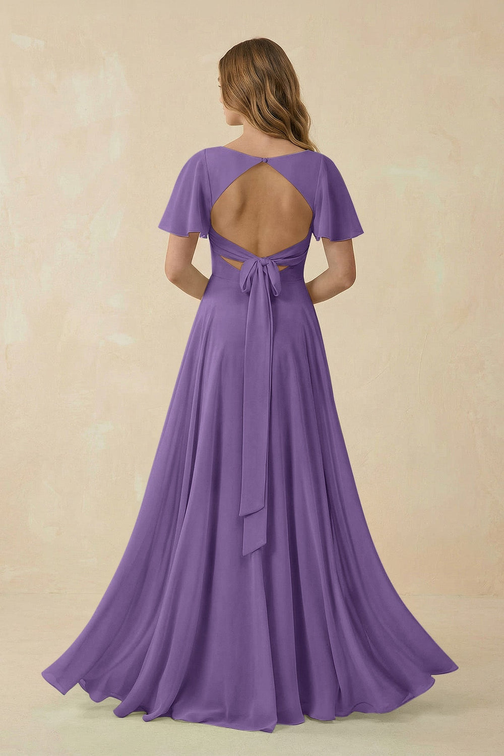 Flutter Sleeve V - Neck Chiffon A - Line Bridesmaid Dress in Tahiti - KISS BRIDAL Bridesmaid Dresses