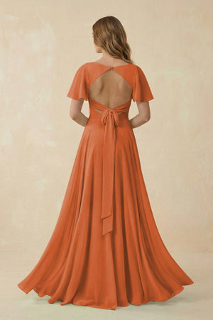 Flutter Sleeve V - Neck Chiffon A - Line Bridesmaid Dress in Terracotta - KISS BRIDAL Bridesmaid Dresses