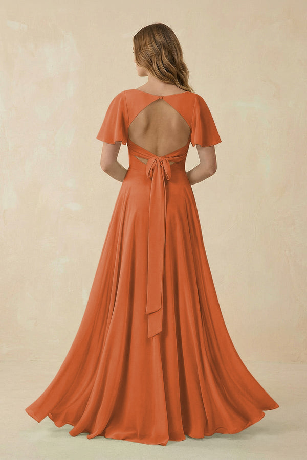 Flutter Sleeve V - Neck Chiffon A - Line Bridesmaid Dress in Terracotta - KISS BRIDAL Bridesmaid Dresses