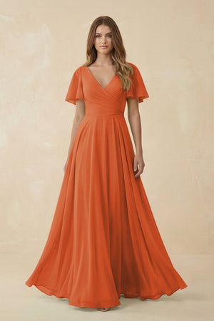 Flutter Sleeve V - Neck Chiffon A - Line Bridesmaid Dress in Terracotta - KISS BRIDAL Bridesmaid Dresses