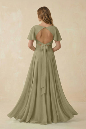 Flutter Sleeve V - Neck Chiffon A - Line Bridesmaid Dress in Thyme - SHE IS ME Bridesmaid Dresses