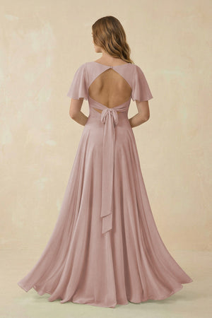 Flutter Sleeve V - Neck Chiffon A - Line Bridesmaid Dress in Toffee - KISS BRIDAL Bridesmaid Dresses