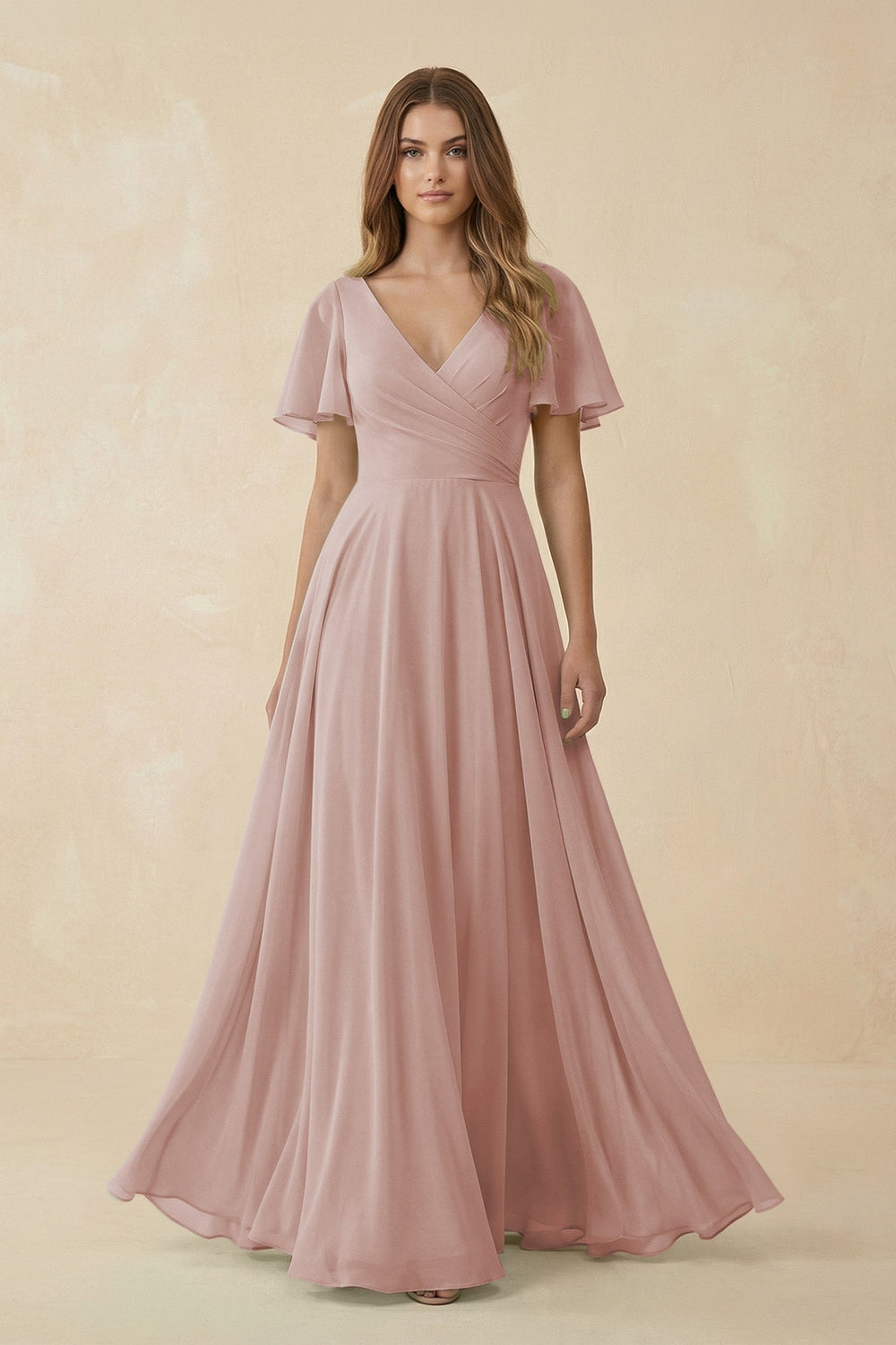 Flutter Sleeve V - Neck Chiffon A - Line Bridesmaid Dress in Toffee - KISS BRIDAL Bridesmaid Dresses