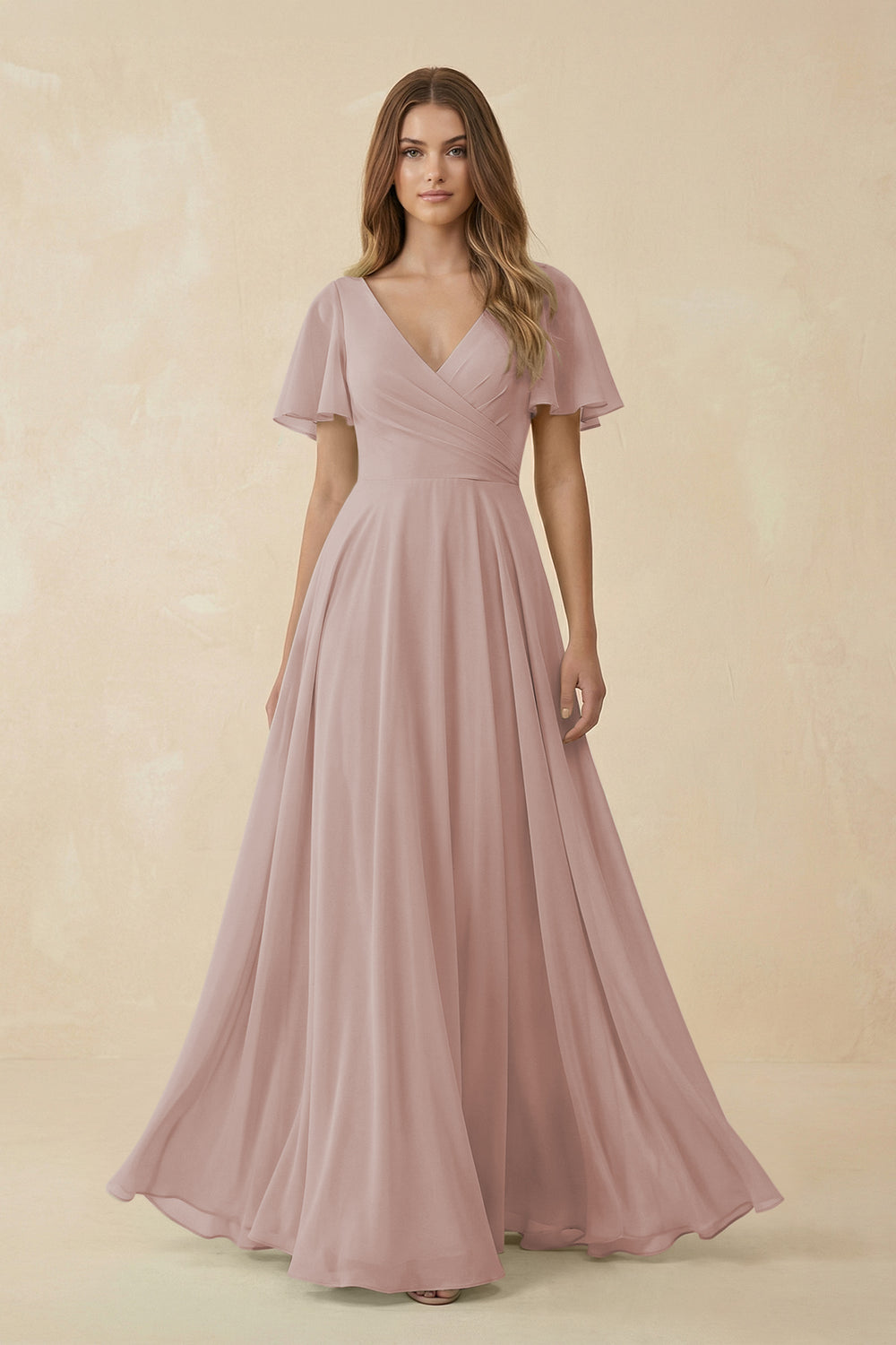 Flutter Sleeve V-Neck Chiffon A-Line Bridesmaid Dress in Toffee