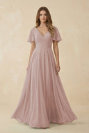 Flutter Sleeve V-Neck Chiffon A-Line Bridesmaid Dress in Toffee | KISSBRIDAL