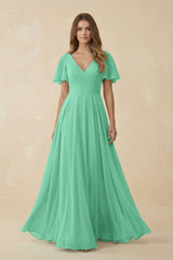 Flutter Sleeve V - Neck Chiffon A - Line Bridesmaid Dress in Turquoise - KISS BRIDAL Bridesmaid Dresses