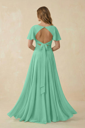 Flutter Sleeve V - Neck Chiffon A - Line Bridesmaid Dress in Turquoise - KISS BRIDAL Bridesmaid Dresses
