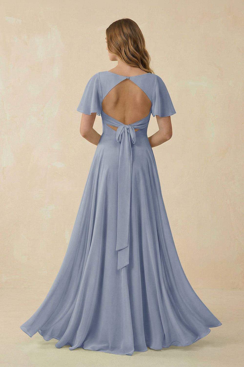 Flutter Sleeve V - Neck Chiffon A - Line Bridesmaid Dress in Twilight - KISS BRIDAL Bridesmaid Dresses