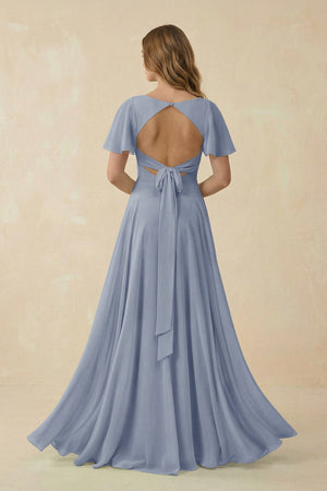 Flutter Sleeve V - Neck Chiffon A - Line Bridesmaid Dress in Twilight - KISS BRIDAL Bridesmaid Dresses