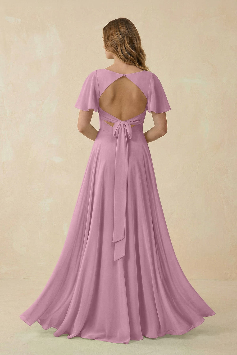 Flutter Sleeve V - Neck Chiffon A - Line Bridesmaid Dress in Vintage Mauve - KISS BRIDAL Bridesmaid Dresses