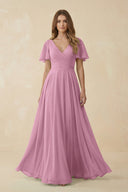 Flutter Sleeve V - Neck Chiffon A - Line Bridesmaid Dress in Vintage Mauve - KISS BRIDAL Bridesmaid Dresses