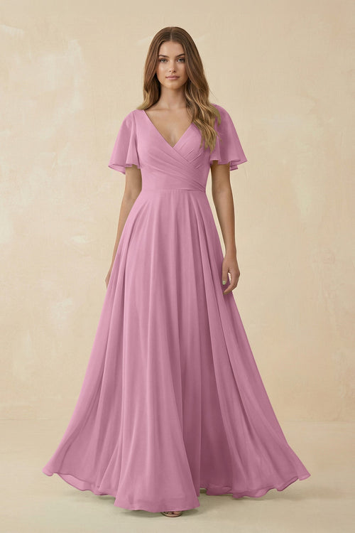 Flutter Sleeve V - Neck Chiffon A - Line Bridesmaid Dress in Vintage Mauve - KISS BRIDAL Bridesmaid Dresses
