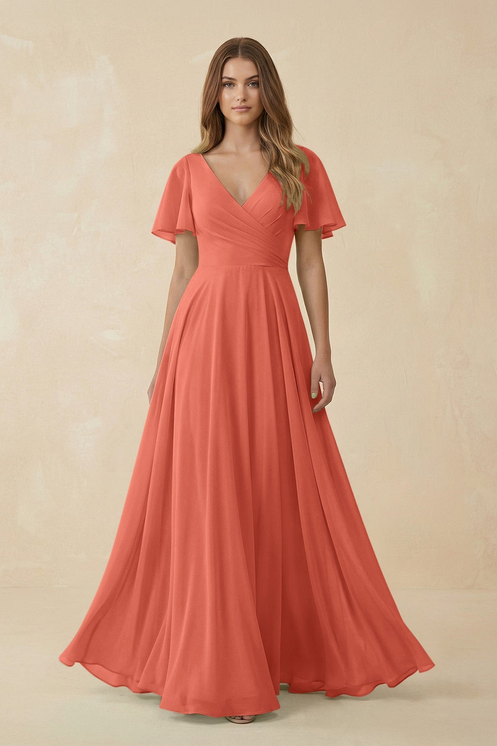 Flutter Sleeve V - Neck Chiffon A - Line Bridesmaid Dress in Wild Rose - KISS BRIDAL Bridesmaid Dresses