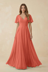 Flutter Sleeve V - Neck Chiffon A - Line Bridesmaid Dress in Wild Rose - KISS BRIDAL Bridesmaid Dresses