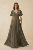 Flutter Sleeve V - Neck Chiffon A - Line Bridesmaid Dress in Willow Green - SHE IS ME Bridesmaid Dresses