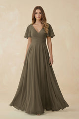 Flutter Sleeve V - Neck Chiffon A - Line Bridesmaid Dress in Willow Green - KISS BRIDAL Bridesmaid Dresses