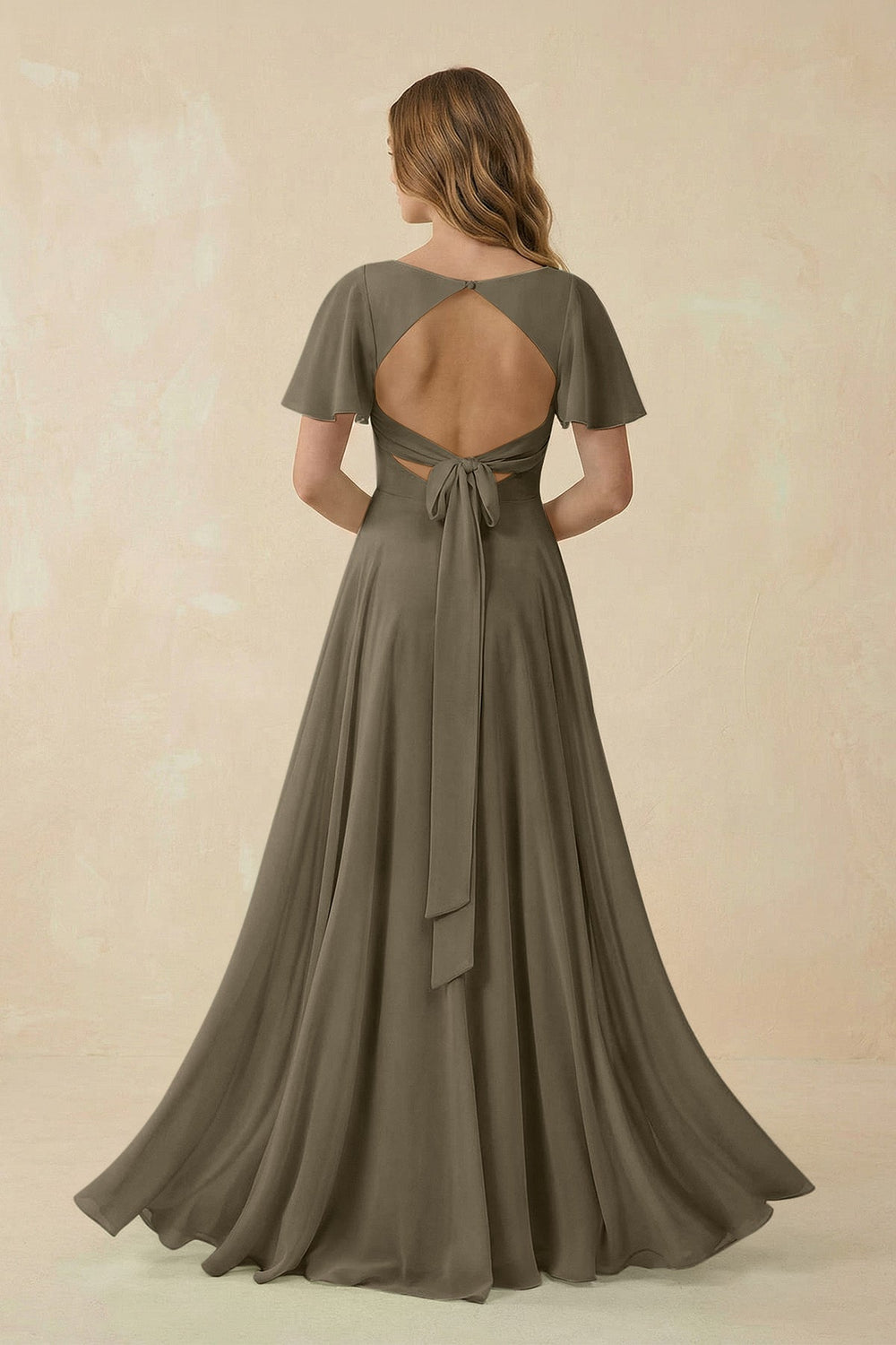 Flutter Sleeve V - Neck Chiffon A - Line Bridesmaid Dress in Willow Green - SHE IS ME Bridesmaid Dresses