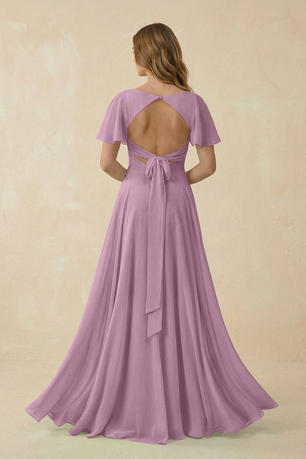 Flutter Sleeve V - Neck Chiffon A - Line Bridesmaid Dress in Wisteria - KISS BRIDAL Bridesmaid Dresses