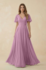 Flutter Sleeve V - Neck Chiffon A - Line Bridesmaid Dress in Wisteria - KISS BRIDAL Bridesmaid Dresses