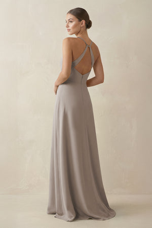 Frost A-Line Chiffon Long Bridesmaid Dress With Slit (2) | KISSBRIDAL