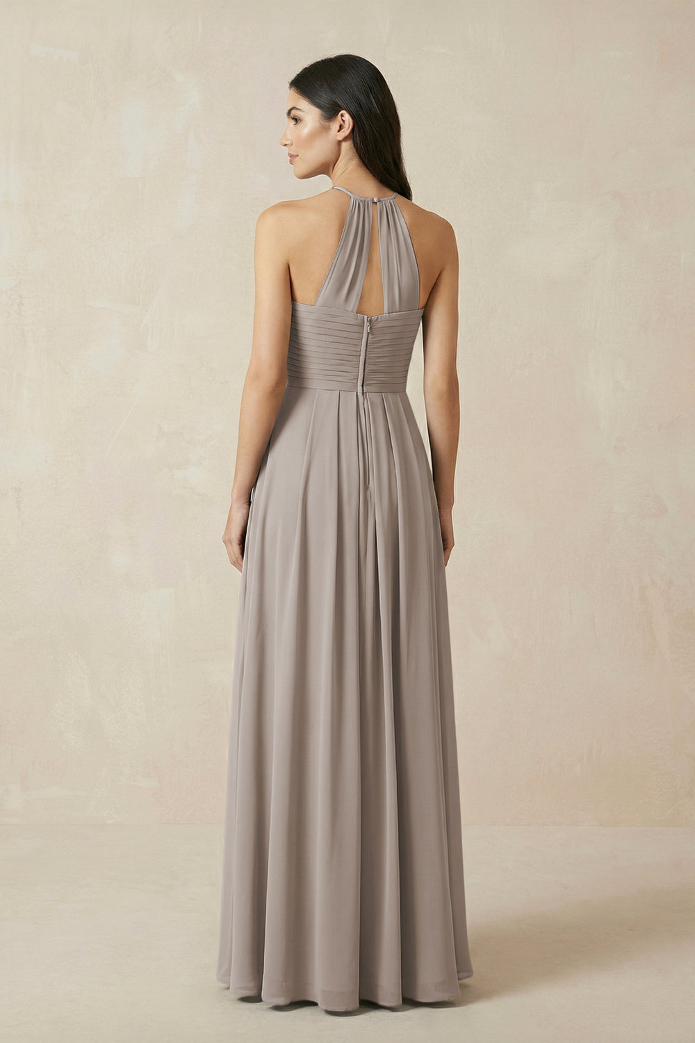 A-Line Halter Neck Pleated Chiffon Bridesmaid Dress in Frost