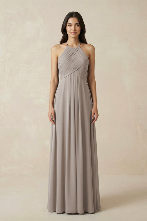 Frost A-Line Halter Neck Pleated Chiffon Bridesmaid Dress | KISSBRIDAL